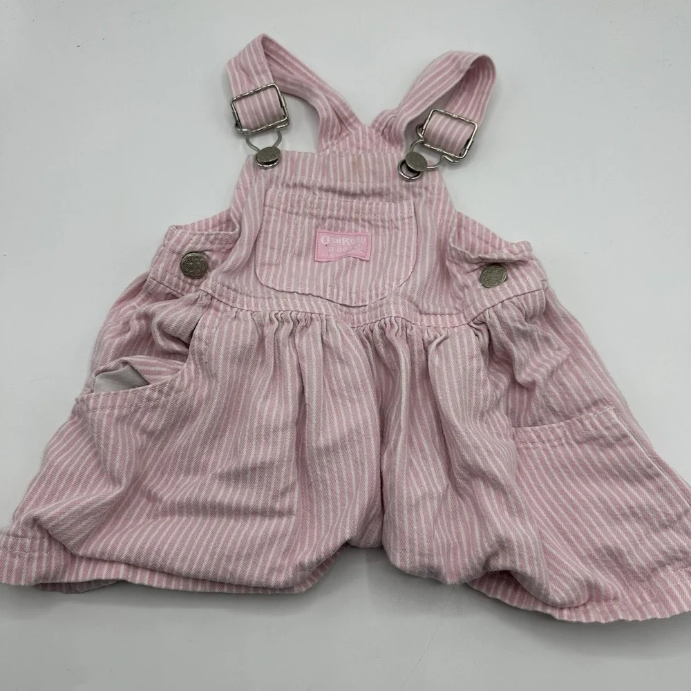 Vintage OshKosh 18M Pink White Striped Vestbar Jumper Dress Overall Toddler Girl